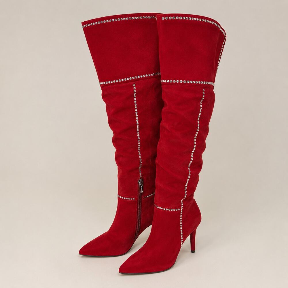 Jessica Simpson Amriena Rhinestone Suede Knee High Stiletto Boots Womens 6.5